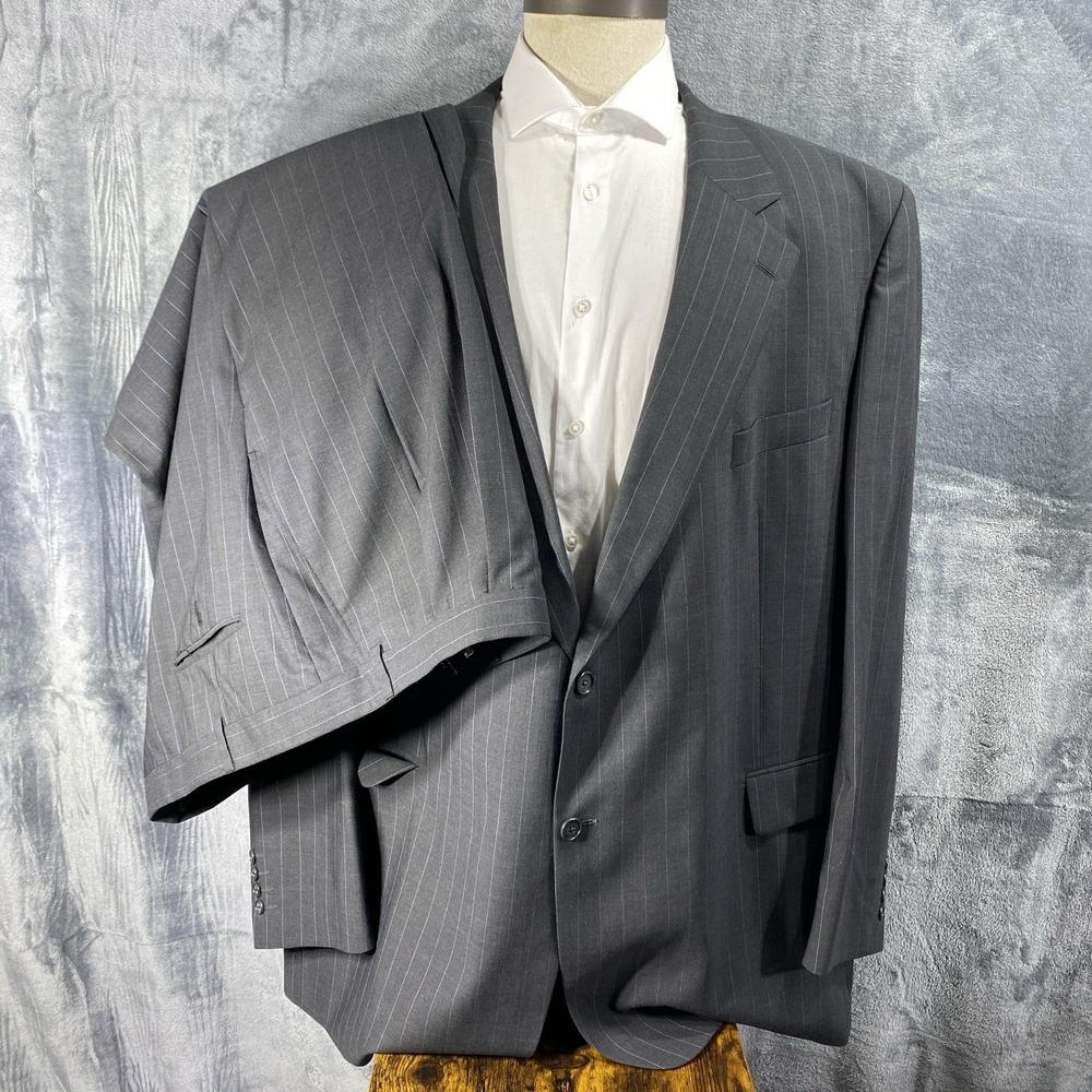 Jack Victor Suit Men 56L Charcoal Grey Striped Super 110s Wool 52x32 Pants Pleat